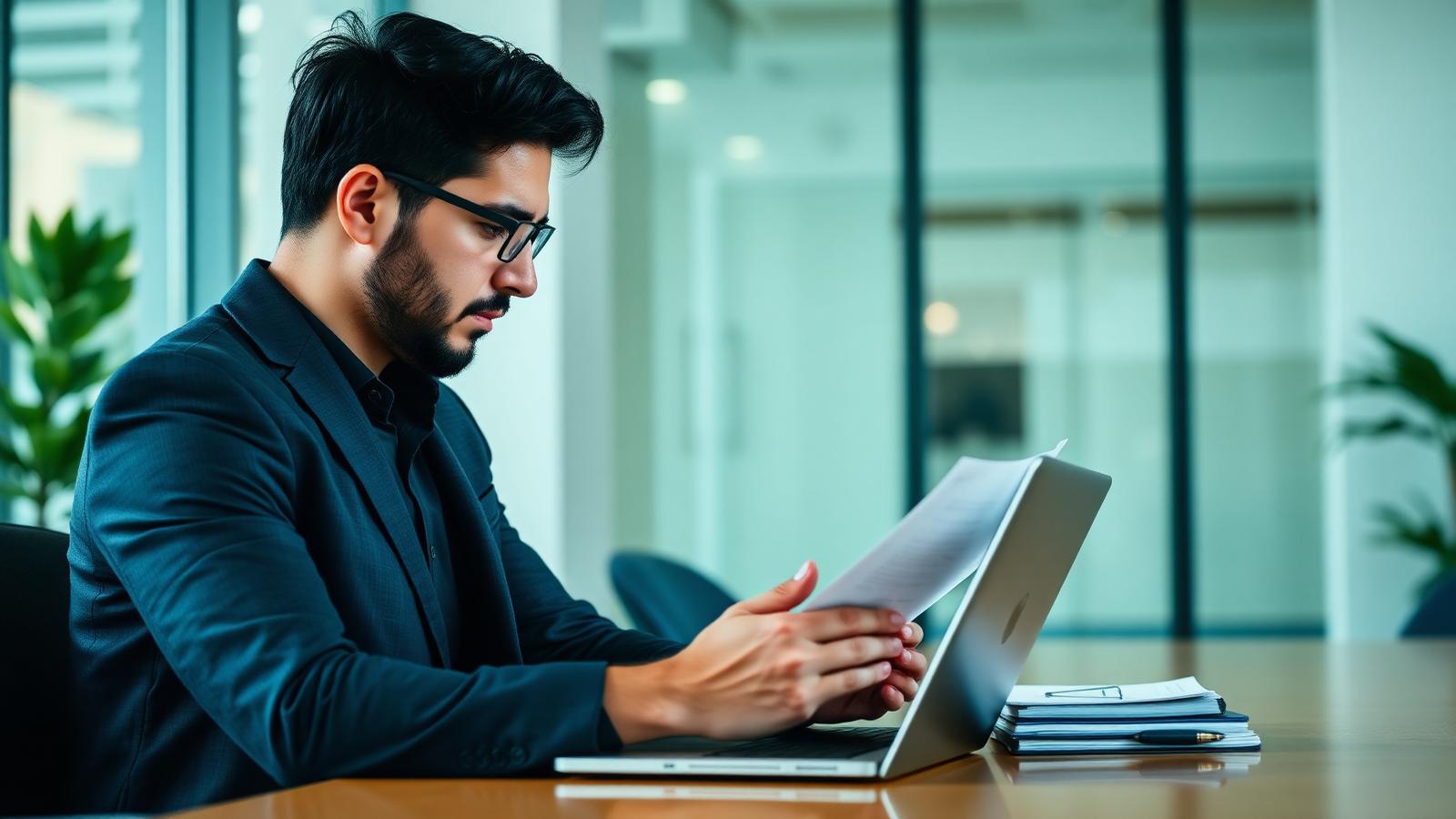 Contador analisando documentos de uma empresa em um escritório moderno