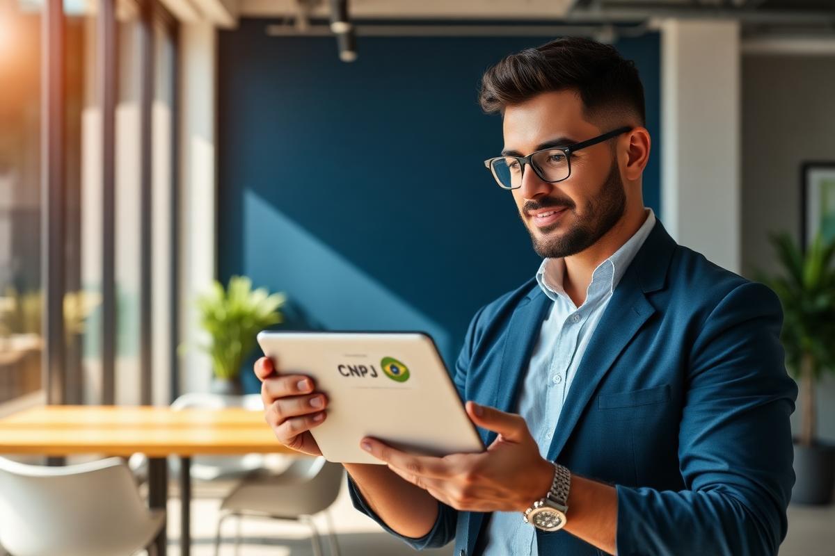 Empreendedor em escritório moderno consultando o CNPJ ativo da sua empresa em um tablet