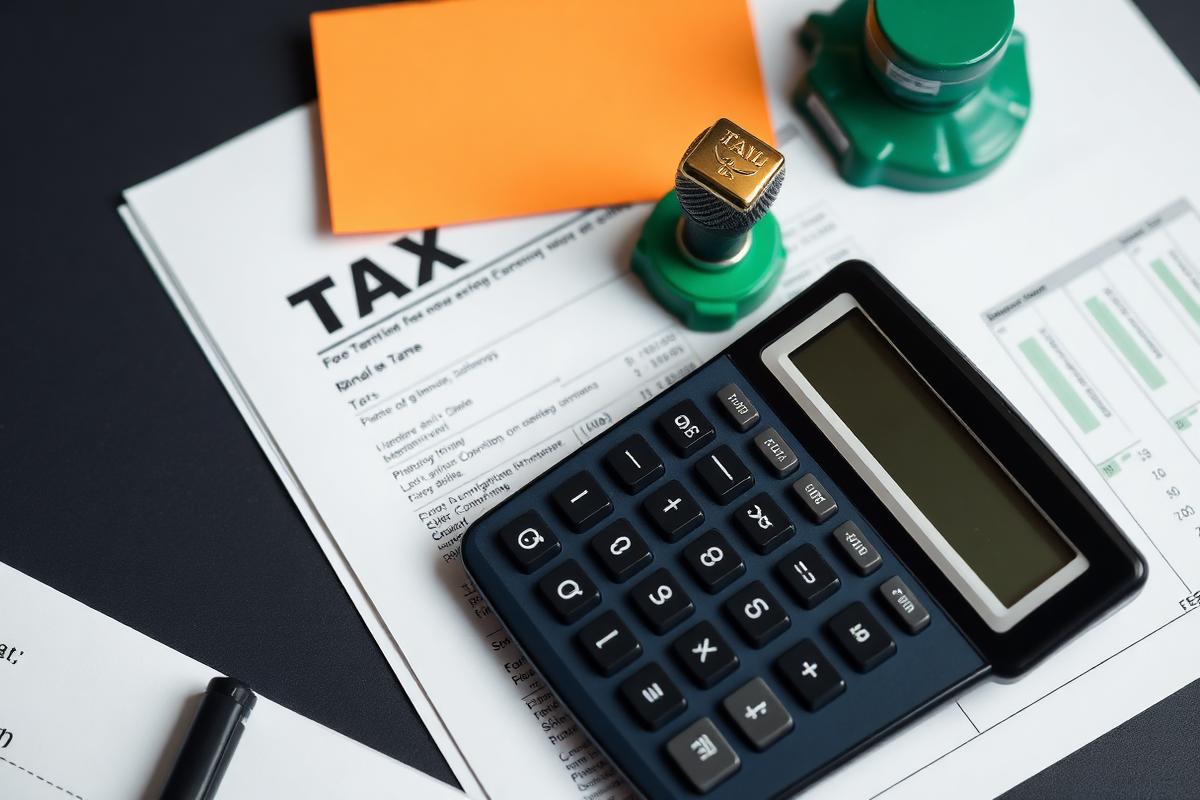 Documentos fiscais, calculadora e carimbo sobre uma mesa escura