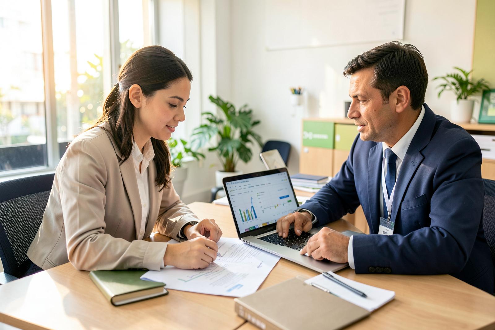 Empresária e consultor de banco analisando documentos de crédito e gráficos financeiros em um escritório